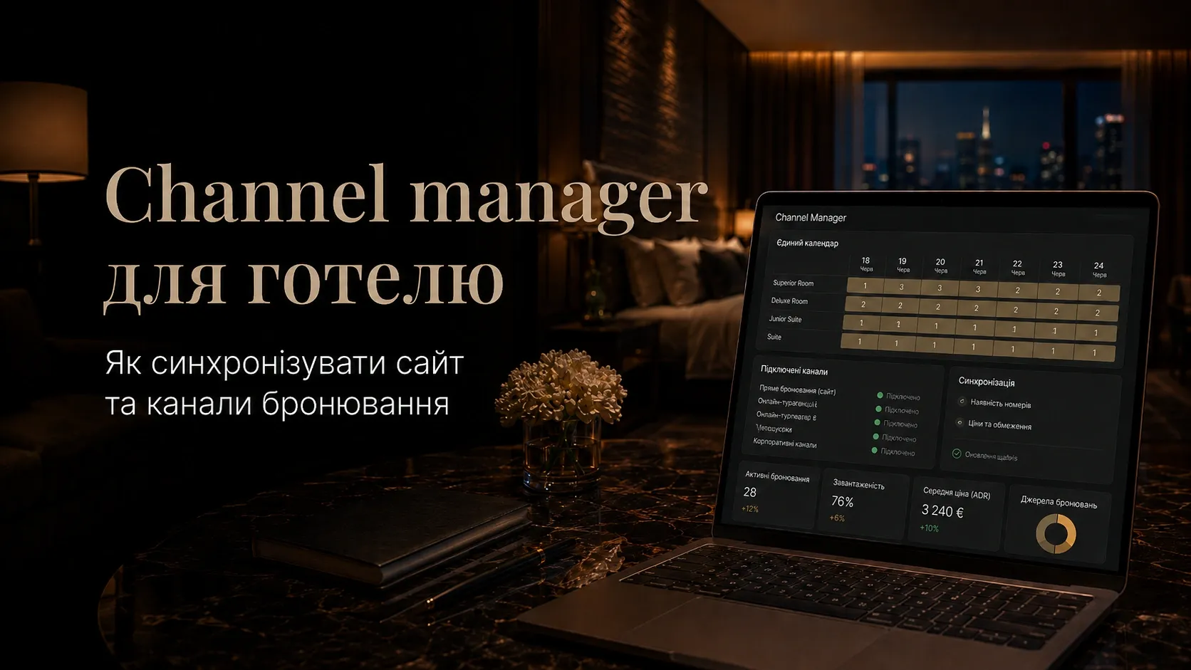 A hotel manager in front of screens displaying Booking.com, Airbnb, and a hotel website, with a unified booking calendar overlay. The background shows a modern hotel lobby with guests checking in smoothly.