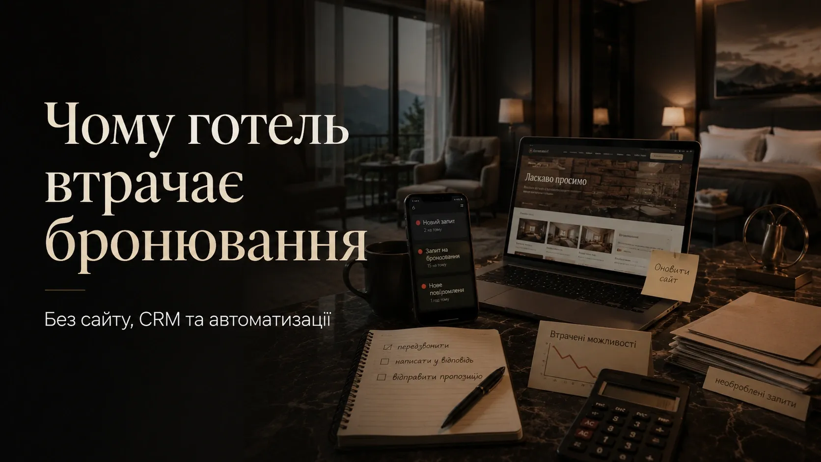 Порівняння готелю без CRM та автоматизації (хаос) і з сучасними інструментами (організованість)