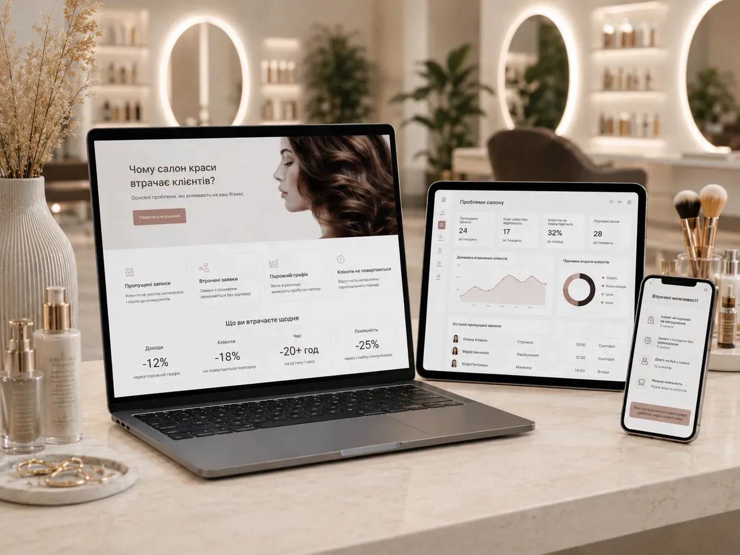Comparison of a chaotic beauty salon without CRM and website versus an organized salon with automation