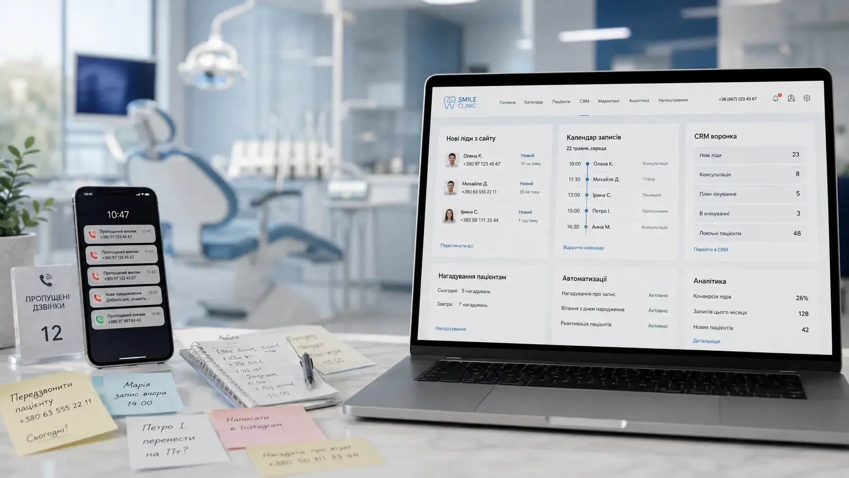 Comparison of chaotic dental clinic operations without a system versus organized workflow with a website, CRM, and automation
