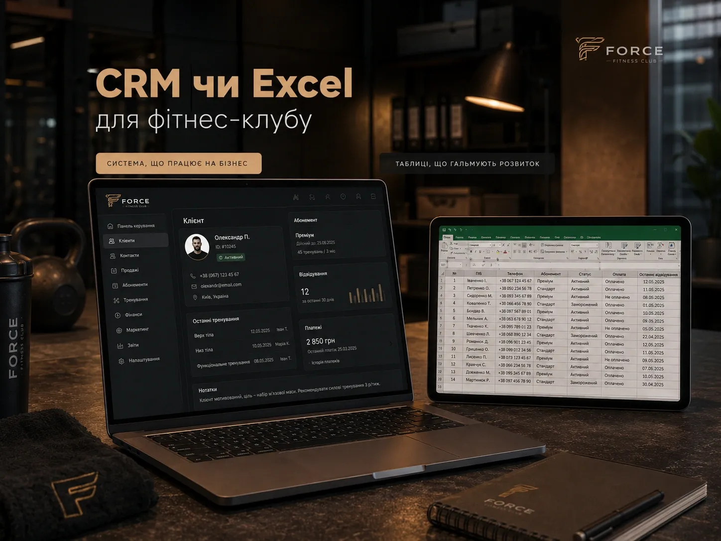 Comparison of chaos in Excel vs. order in CRM for gym membership tracking