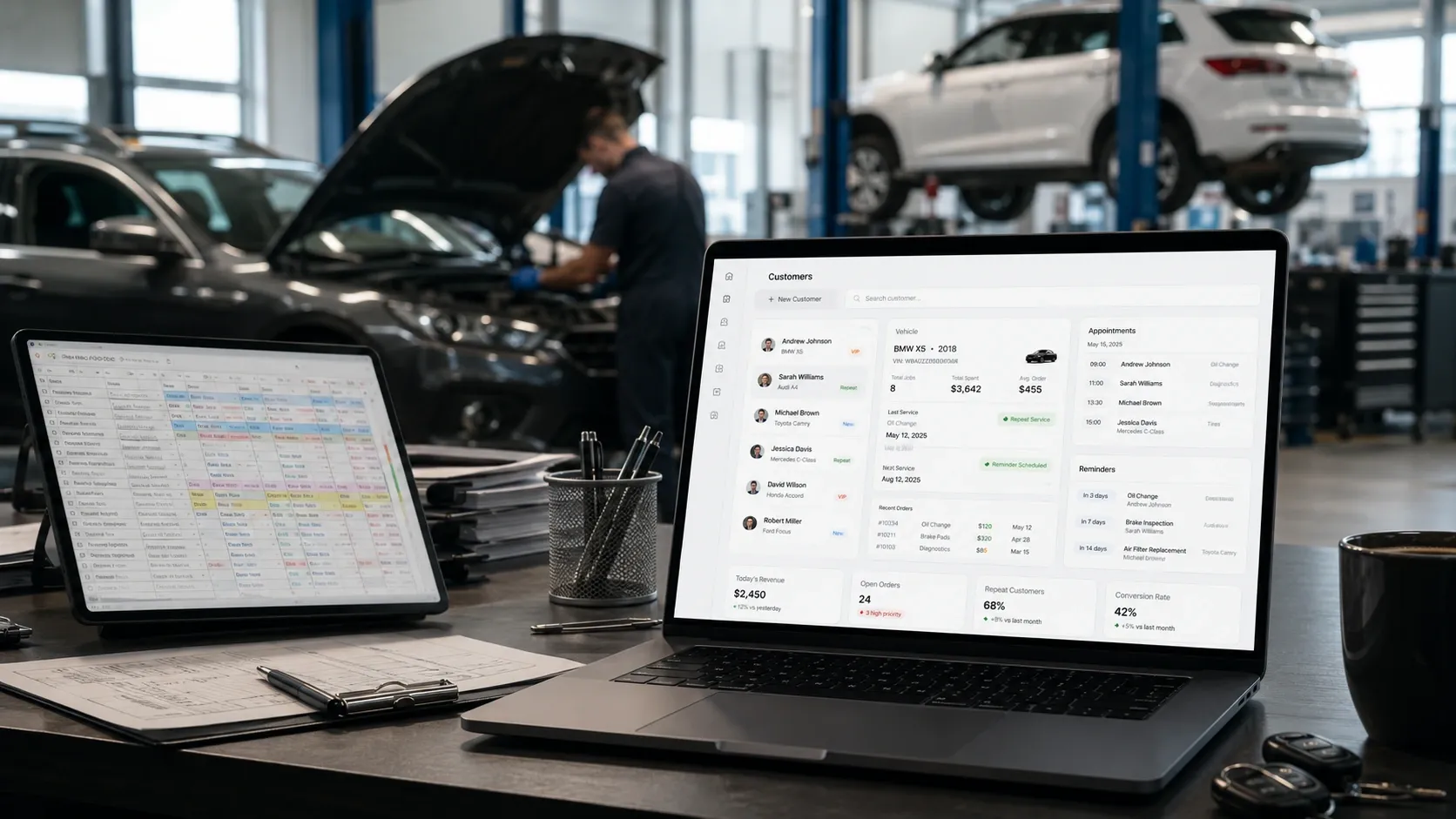 Comparison of chaos in Excel vs. organized work in CRM for auto repair shops