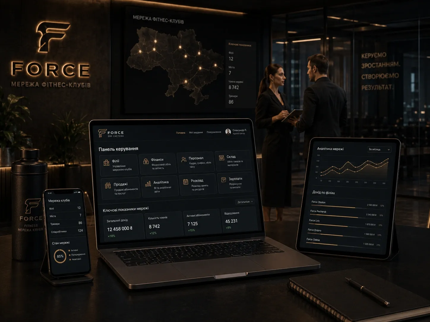 Illustration of a CRM dashboard for a fitness club with modules for sales funnel, client database, attendance tracking, trainer schedule, and analytics.