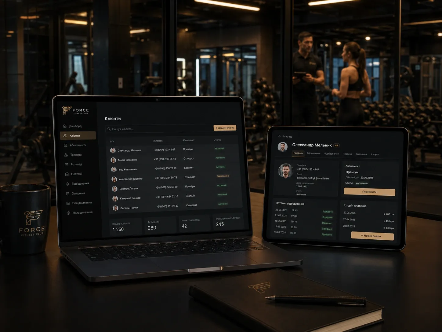 Сучасний фітнес-клуб з екранами ERP-системи: звіти P&L філій, графіки персоналу, облік обладнання та аналітика клієнтів