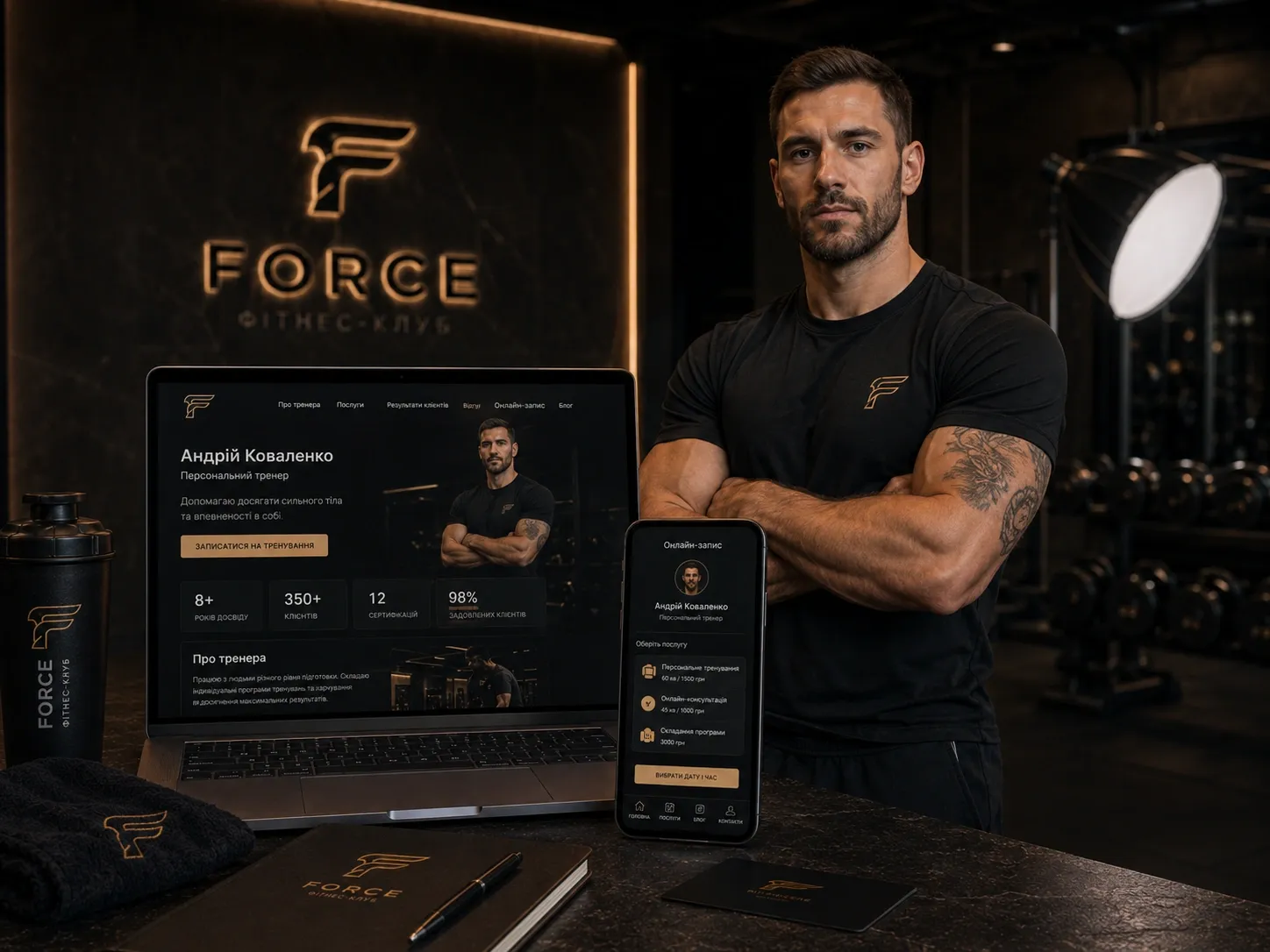 A fitness trainer with a client in a studio, next to a laptop showing a website and Google Analytics