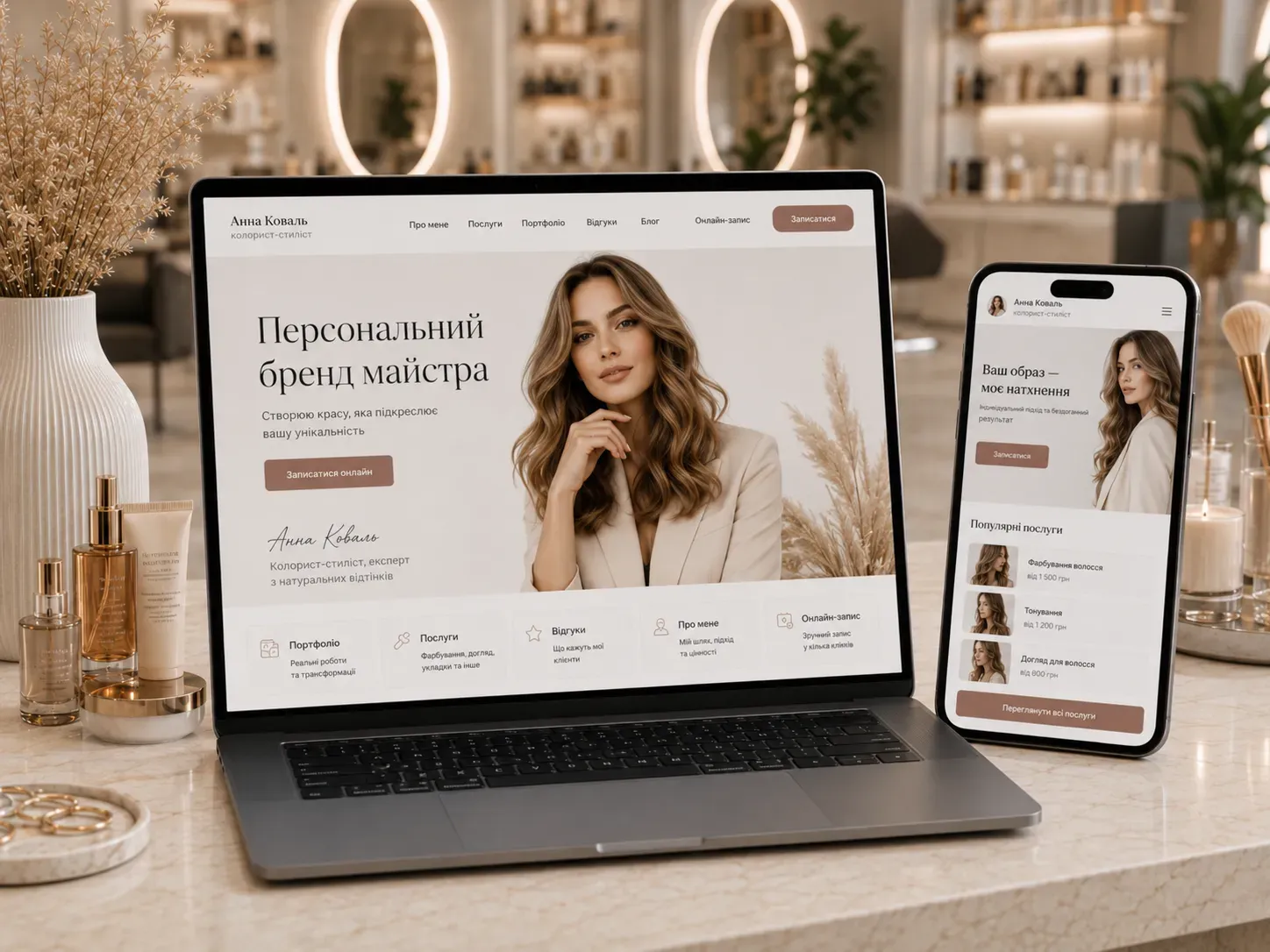 A beauty salon master working with a client, with a laptop screen showing a personal website featuring a portfolio and online booking
