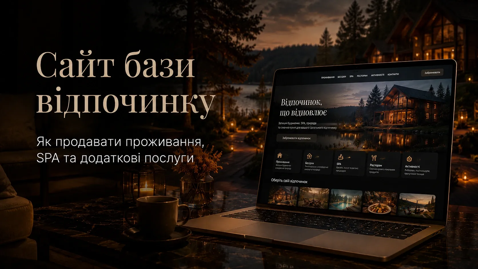 Recreation base website on a laptop and smartphone: booking cottages, SPA, and additional services