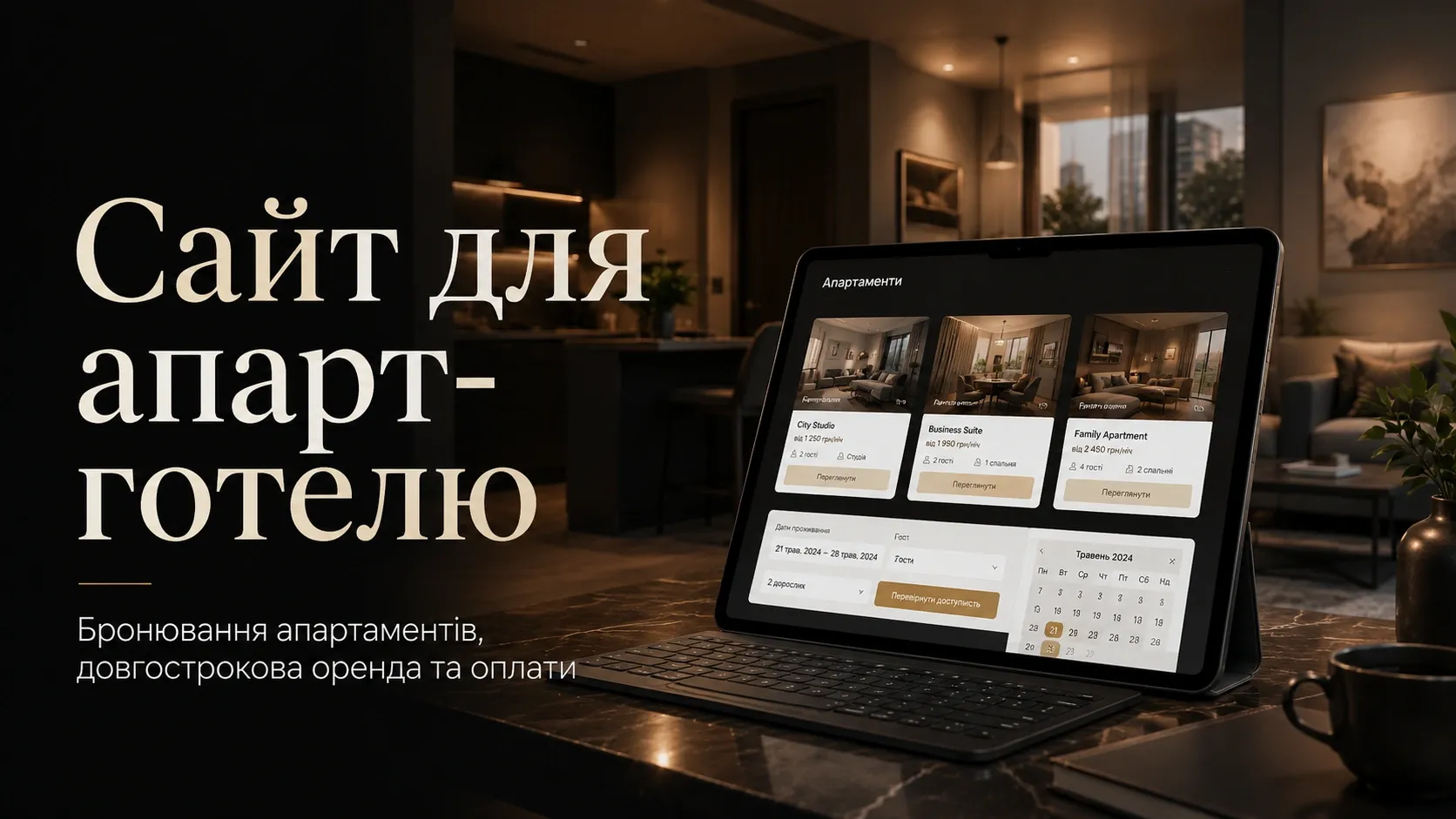 Modern apartment interior with a laptop showing a booking calendar on the screen. Around the laptop, icons representing key website functions: calendar, contract, payment, guest profile, CRM integration.