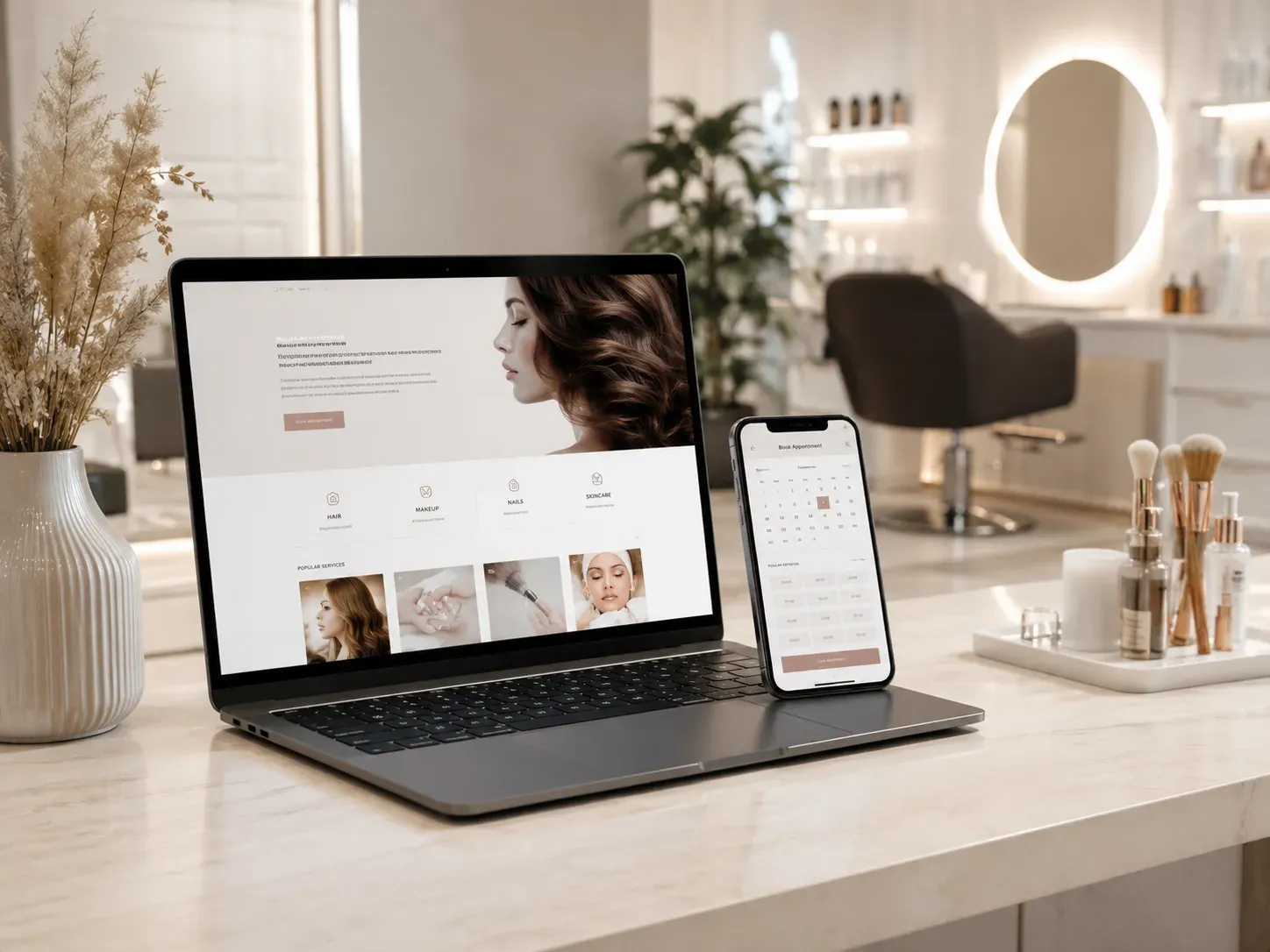 Modern beauty salon website with online booking displayed on a laptop screen