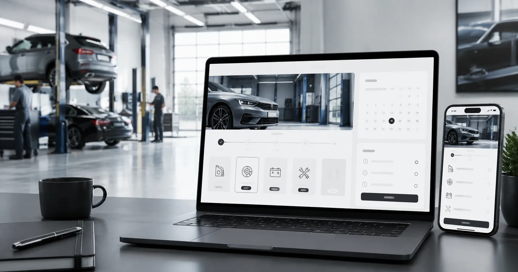 Modern car service website on a laptop and smartphone screen