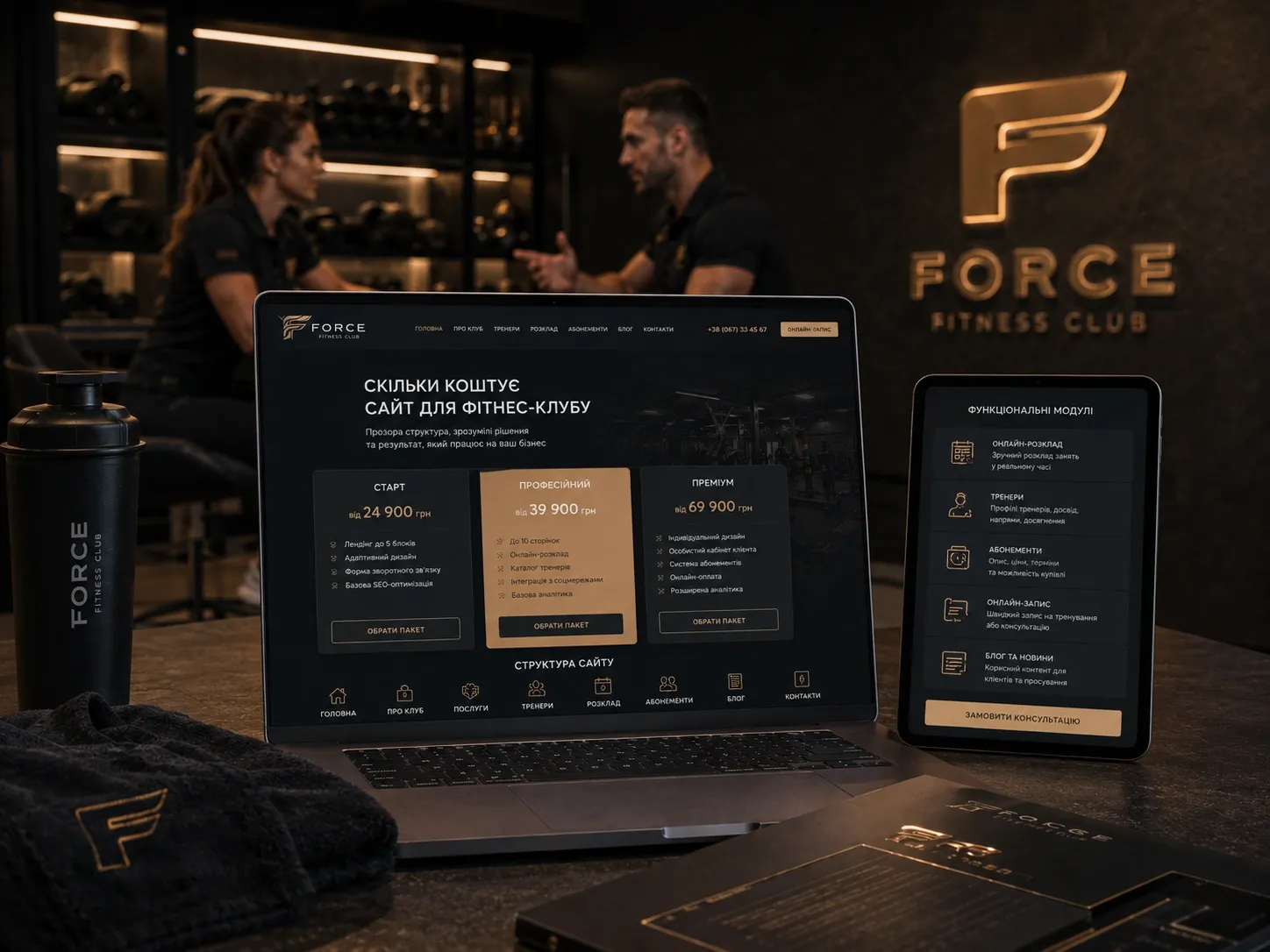 A modern gym with a laptop displaying a fitness club website featuring a class schedule and online booking interface.