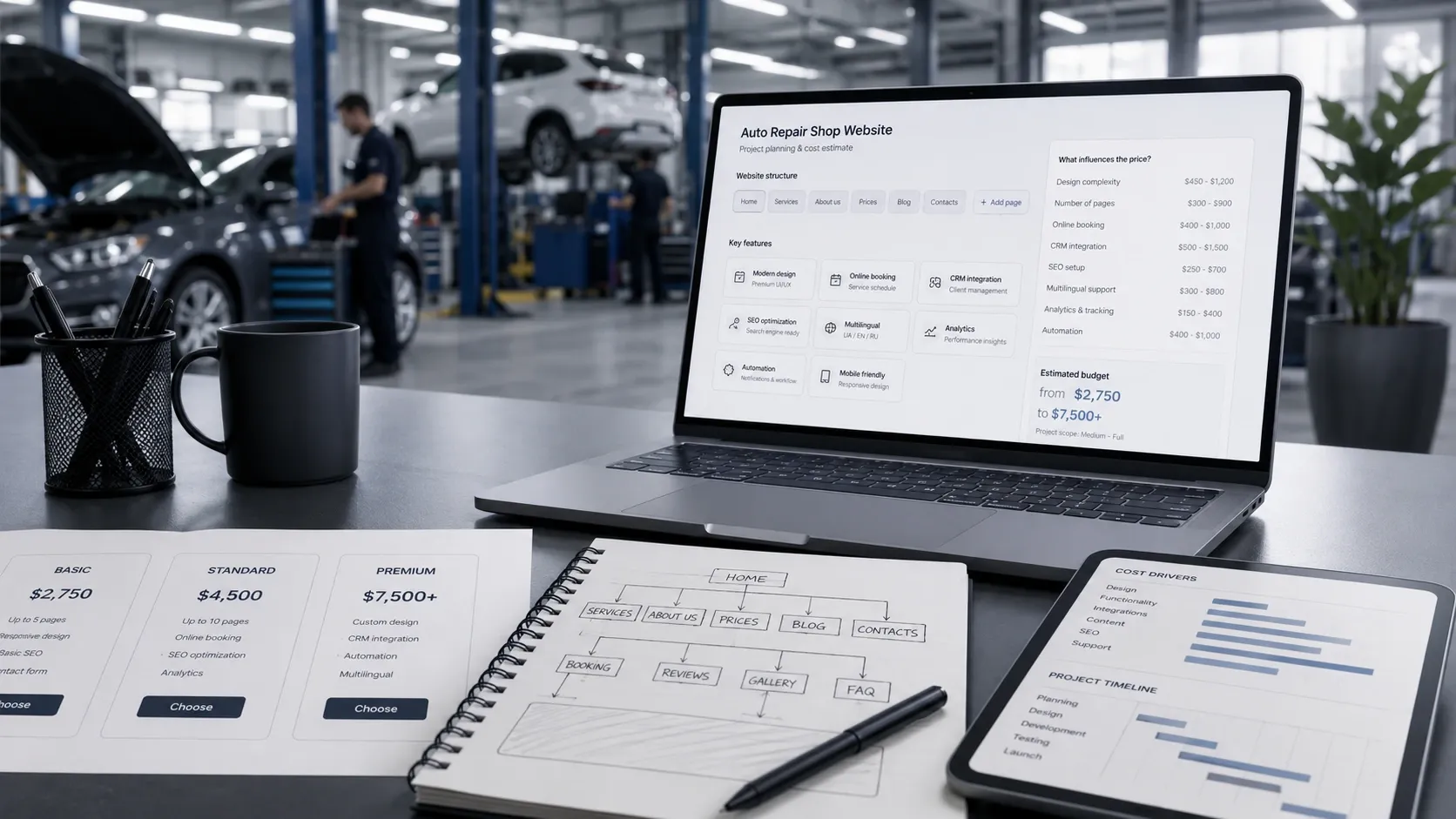 Website for a car service station on a laptop screen in a car workshop