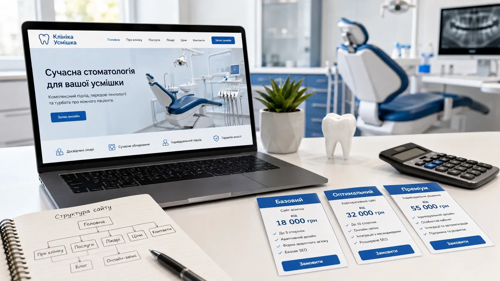 Modern dental clinic website on a laptop screen with feature icons: online booking, CRM, multilingual support, and automation.