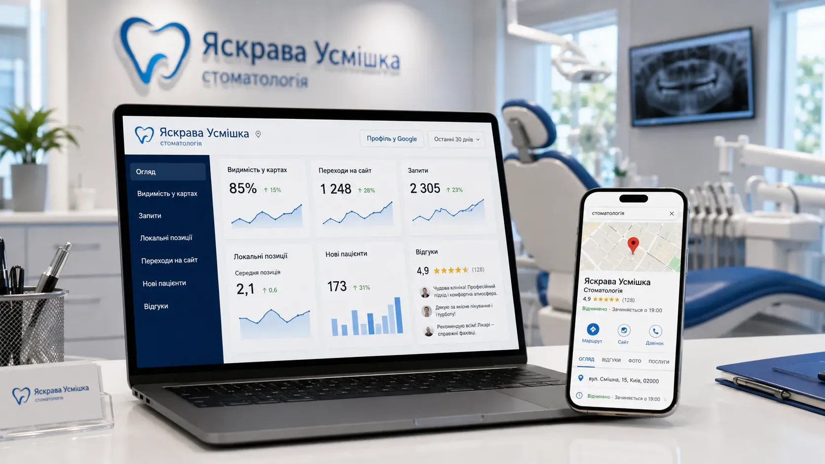 Dental clinic with a website on a laptop screen and Google Maps on a smartphone
